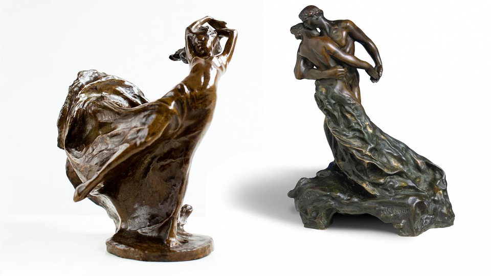 Bronzeplastiken von Bernhard Hoetger (Der Sturm um 1901) und Camille Claudel (Der Walzer 1891/92)